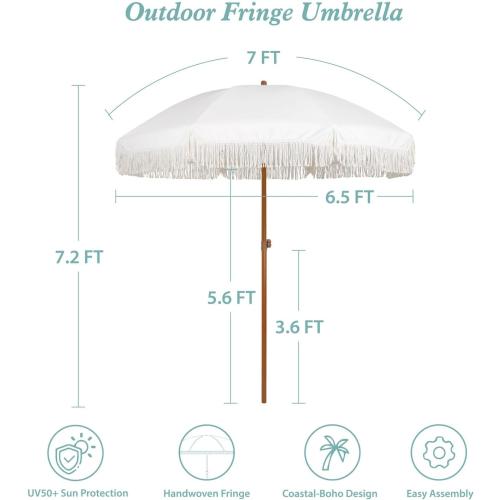 AMMSUN 7ft Patio Umbrella with Fringe Outdoor Tassel Umbrella UPF50  Premium Steel Pole and Ribs Push Button Tilt, Cream White