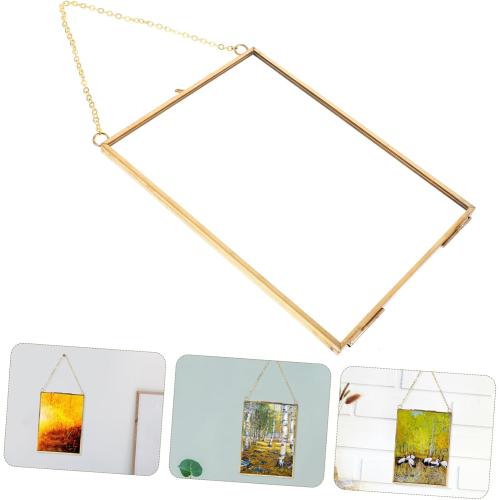 SOLUSTRE Hanging Glass Photo Frame with Specimen Clip Geometric Decorative Holder for Wall Mounted Photos Copper Color for Home Decor and Unique Displays