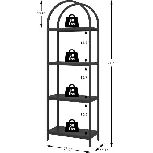 Yusong Bookshelf 4 Tier Arched Bookcase, 71.3 Tall Industrial Open Book Shelves for Living Room, Modern Freestanding Display Shelving Unit Storage Rack with Metal Frame, Office, Bedroom, Black