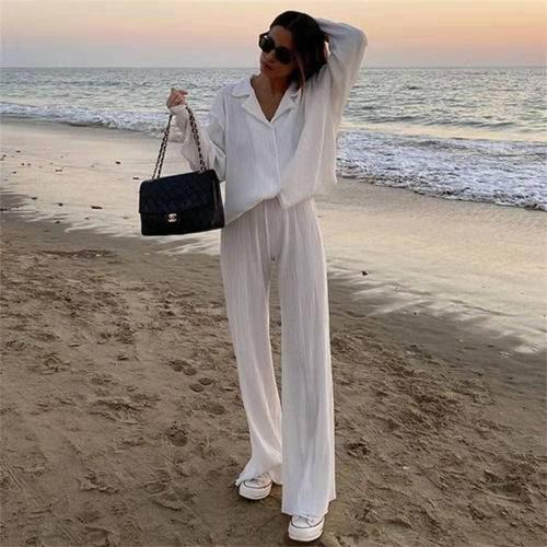 Medium Pleated 2 Piece Outfits for Women Long Sleeve Oversized Button Down Shirt Wide Leg Pants Sets Casual Loungewear