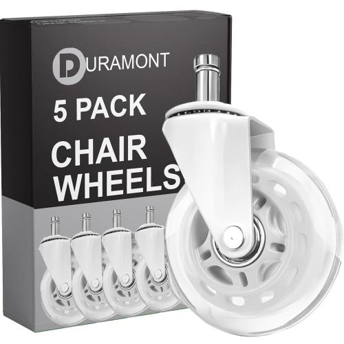 Office Chair Wheels - Set of 5 Rollerblade-Style Casters, Smooth & Quiet Rolling, Protects Hardwood Floors & Carpets, Universal Fit, Durable and Long-Lasting - White