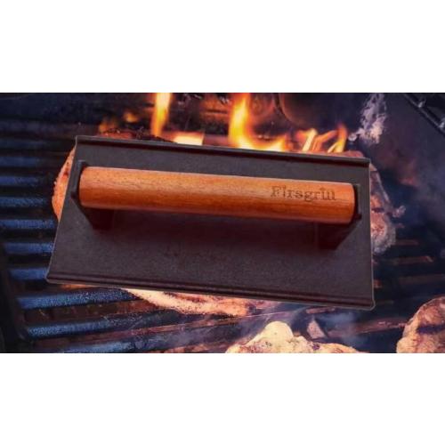 Firsgrill Burger Press 7.08 Round & 8.3”X4.3”Rectangle Heavy-Duty Cast Iron Smash Meat Steak with Wood Handle for Blackstone Camp Chef Pitboss Weber Treager Griddle (Round & Rectangle w Flat Bottom)