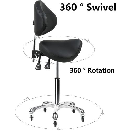 Saddle Stool Rolling Chair with Back Support Swivel Adjustable Height Ergonomic Thick Seat Cushion with Wheels for Nail Lash Tech Esthetician Tattoo Artist Salon Hair Cutting Stylist Black