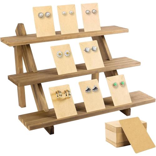 51pcs 3-Tier Wood Earring Display Stand, Retail Jewelry Card Stand with Groove   50 Cards Portable Ring Organizer Holder Showcase Racks for Business Home Using