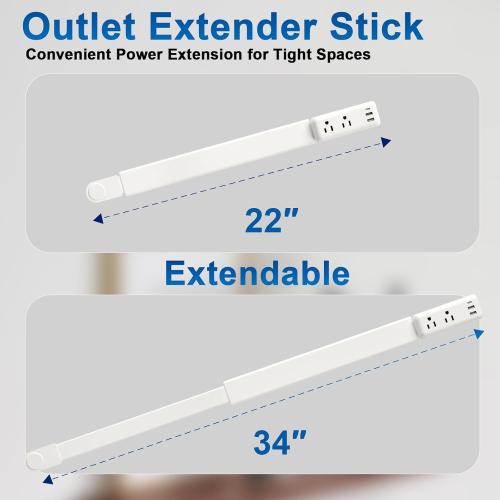 Outlet Extender Stick with USB-A & USB-C, 2 AC Outlets, Adjustable 22-34 Plug Extender, 180° Rotating Wall Outlet Extender for Hard-to-Reach Outlets Behind Sofa, Bed, Desk, Nightstand