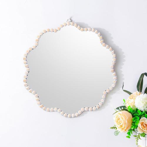 Small Boho Beaded Flower Mirror for Wall Decor, Cute Decorative Hanging Wooden Circle Nursery Mirrors for Girl Room, Bedroom, Livingroom