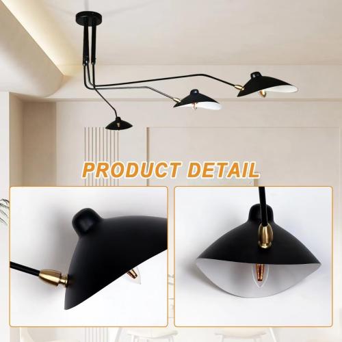 63 Mid-Century Modern Chandelier, Matt Black Adjustable 3-Arms Large Pendant Lighting Fixture for Bedroom Dining Room Living Room Kitchen Island 3-Light