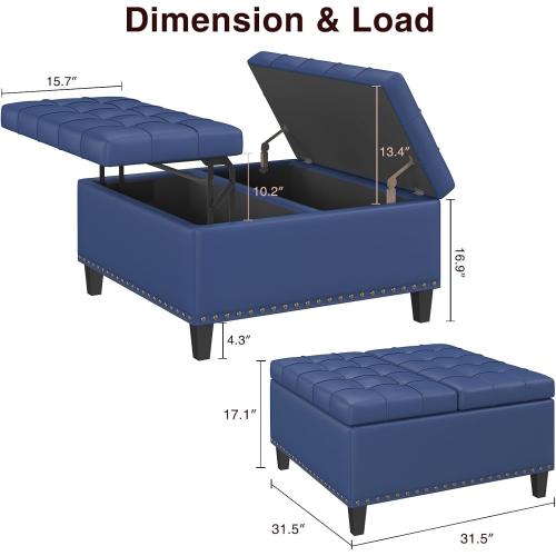 Ottoman Stool Square Ottoman Storage Bench Faux Leather Lift Top Upholstered Footrest Stool for Living Room(Blue)