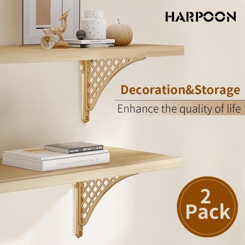 Gold 2 Pack 8 HARPOON 2 Pack Heavy Duty Cast Iron Victorian Shelf Bracket, 8 Inches Gold Baroque L-Shaped Shelf Brackets, DIY Projects, Hardware Included