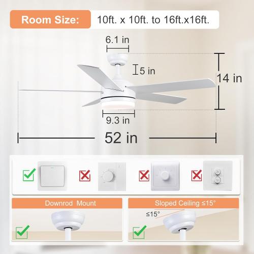 YUHAO 52 Inch White Ceiling Fan with Light and Remote Control.Noiseless,Dimmable,3CCT,6 Speeds Reversible, DC Ceiling Fans for Indoor or Covered Outdoor Use.ETL Listed may have missing accessories