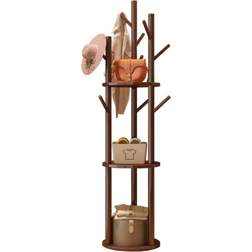 Simcat Wood Coat Rack with 3 Shelves and 9 Hooks Coat Tree Hanger Freestanding Coat Rack for Bedroom, Hallway, Entrance, Office, for Hats, Coats, Scarves, Handbags (Fixed rack walnut color)