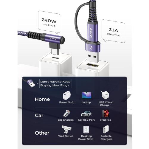 AINOPE 240W Long USB C Cable Multi 4 in 1 Charging Cable Fast Charging C Type Charger Fast Charge USB to USB C,Right Angle Fit iPhone 16 15 Pro Max iPad Samsung 10FT Purple
