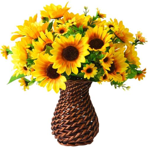 Homsunny Sunflowers Artificial Flowers Plants for Table Centerpieces Spring Decorations, 7 Pcs Fake Silk Floral Arrangements in Vase for Home Dinning Room Office Tabletop Decor(Handmade Red Rattan)
