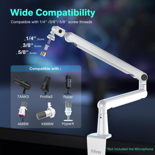 FIFINE Boom Arm Mic Stand, Low Profile Microphone Arm Stand, Podcast Mic Boom Arm with Desk Mount, Cable Channels Management, Metal Boom Arm White for Recording/Streaming/Gaming/Home Office-BM88W