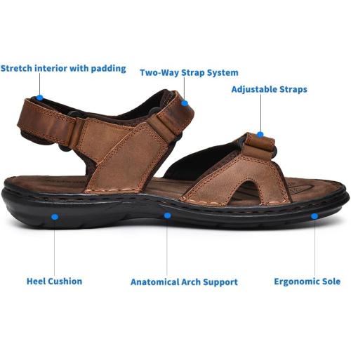ArcBrothers Men's Premium Leather Sandals - Classic Roman Style Open Toe Sandals - Cushioned Heel, Non-Slip & Sturdy Support