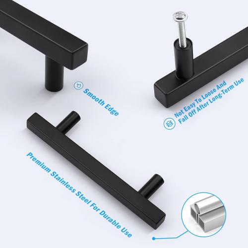KNOBWELL 10 Pack 3-1/2 Black Kitchen Cabinet Pulls Square, 90mm Hole Center Stainless Steel Black Dresser Drawer Pulls 5-3/5 Overall Length