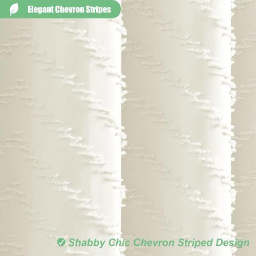 Dynamene Extra Long Shower Curtains, 84 Inches Long Boho Tufted Chevron Striped Fabric Shower Curtains for Bathroom, Tall Minimalist Chic Waterproof Cloth Shower Curtain Set with Hook, Cream, 72x84