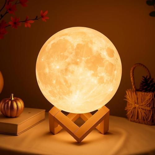 4.7, yellow and white Mydethun Moon Lamp - 3D Printed LED Night Light 4.7' with Wooden Base, White Elephant Gift for Women, Mom, Kids, Christmas Thanksgiving Table Decor Touch-Dimmable & Dual-Color, White & Yellow