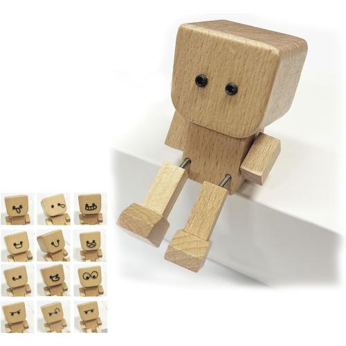 BOVVSKY Shaking Wooden Man Figurine, Shaking Feet Woodens Doll with 12PCS Magnetic Expressions, Handmade Shaking Feet Wooden Car Dashboard Decorations, Creative Wood Desktop Decor