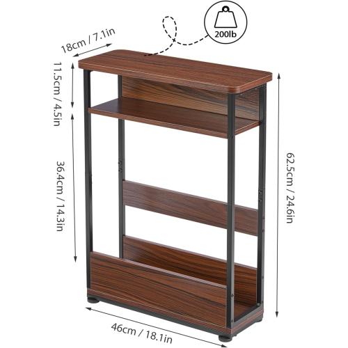 Vintage Narrow Side Table with Storage Shelf, 3 Tier Slim End Table Modern Sofa Table for Narrow and Small Spaces, 24.6 Inch Height Bedside Table Small Nightstand with Magazine Rack
