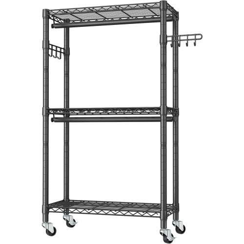 Heavy Duty Clothes Rack Rolling Garment Rack,3 Tier Adjustable Wire Shelving Clothing Racks for Hanging Clothes with Double Rods&Side Hooks,Freestanding Wardrobe Storage Rack Metal Portable Closet