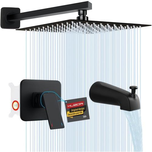 304 Stainless Steel Shower Tub Faucet Set, Bathtub Shower Faucet Set, Bath Tub Shower Trim Kit with Stainless Steel Valve, Tub Spout and 12 Inch Square Shower Head - Matte Black