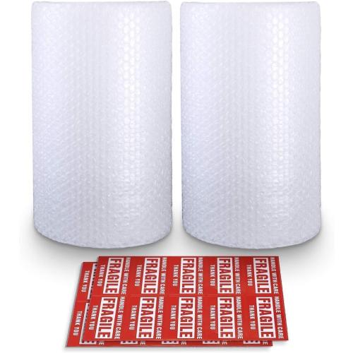 Bubble Cushioning Wrap Rolls, 3/16 x 12 x 72' ft Total [2 Rolls of 36 Feet] Perforated Every 12, 20 Fragile Stickers for Packaging, Shipping, Mailing
