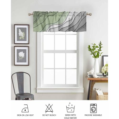 Sage Green Grey Ombre Valances for Windows, Modern Geometric Kitchen Curtains Window Treatment Decor, Abstract Art Aesthetic Cream Rod Pocket Short Window Valances for Living Room/Bedroom, 54 x 18