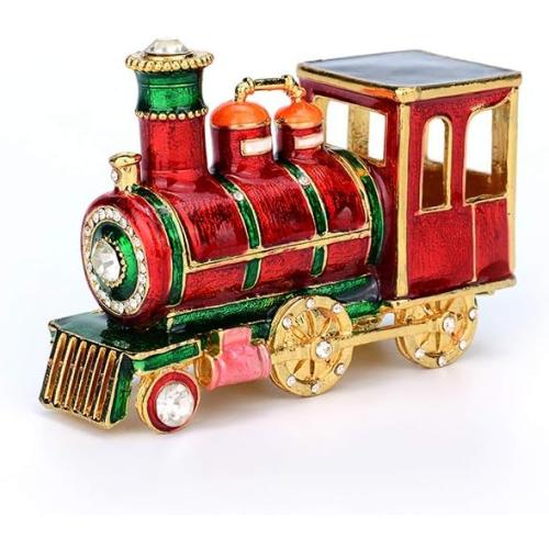 Mini Steam Train Jewelry Trinket Box Hinged Enameled Crystal Ornaments Gift for Home Decor