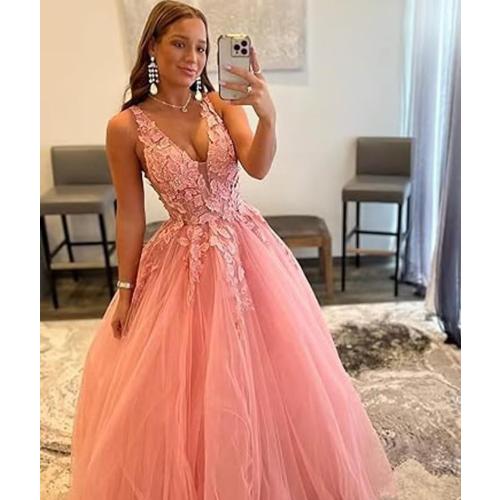 Size M ...Laces Appliques Tulle Prom Dresses V-Neck Beaded Ball Gown Formal Evening Gowns Sleeveless Quinceanera Dress