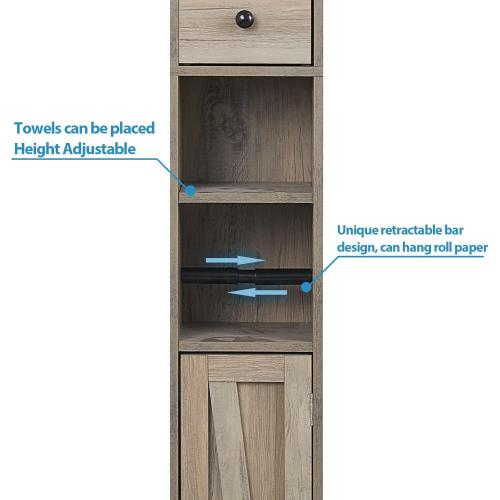 Bathroom Storage Cabinet with Adjustable Shelf, Tall Narrow Cabinet with Retractable Toilet Paper Rod and 8 Storage Compartments, Brown Gray