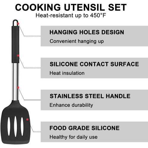 E-far Silicone Cooking Utensils Set, 7 Pcs Heat Resistant Kitchen Utensils with Stainless Steel Handle, Slotted Turner, Spoon, Soup Ladle, Pasta Server, Skimmer, Tongs for Nonstick Cookware, Black