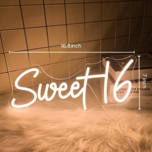 16.8 Inch Sweet 16 Neon Sign, USB Powered with Dimmer Switch 16th Birthday Party Sign, Sweet Sixteen Party Supplies, Happy 16th Birthday Decorations for Girls (Warm white)