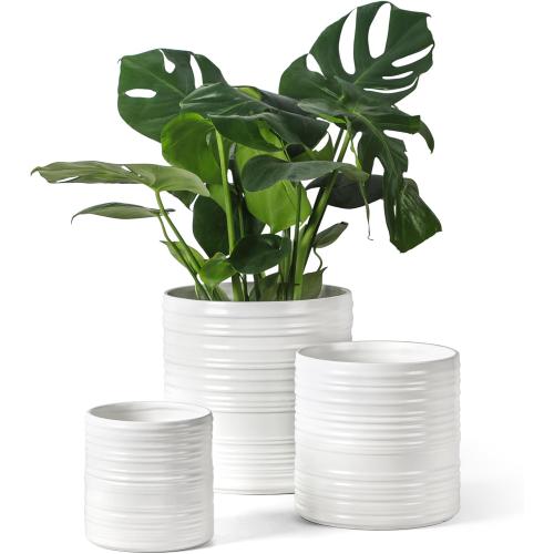 Ceramic Pots for Plants, 10 8 6 Inch White Planter with Drainage Hole and Mesh Pad, Plant Pot with Stripes for Home Office Garden Patio, Set of 3