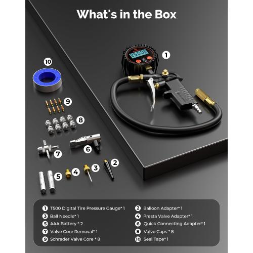 ETENWOLF T500 Digital Tire Pressure Gauge with Inflator, Tire Gauge 0-250 PSI, Calibrated to ANSI B40.7 Grade 2A, Air Chuck & Compressor Accessories with Storage Bag, Black