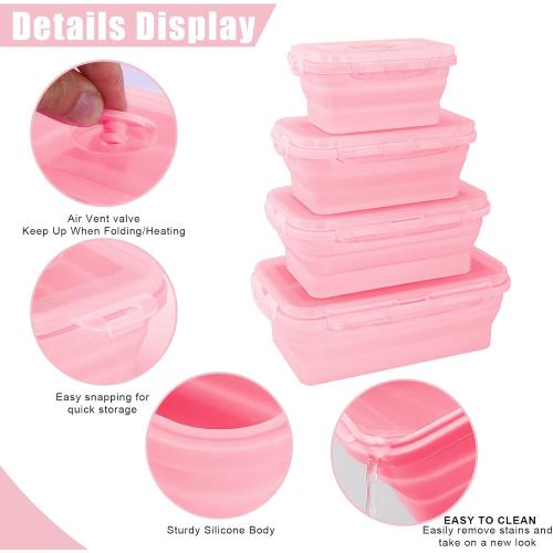 Collapsible Silicone Food Storage Containers with Lids,Set of 4 Silicone Lunch Box Containers,Foldable Meal Prep Container for Kitchen,Microwave & Dishwasher & Freezer Safe,BPA Free(Square Pink,8pcs)