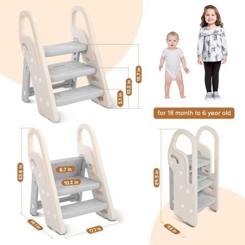 Onasti Foldable Step Stool for Bathroom Sink, Adjustable 3 Step Stool for Kids Toilet Potty Training Stool with Handles, Child Kitchen Counter Stool Helper, Plastic Ladder for Toddlers Grey