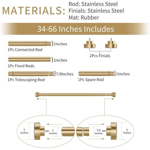 YNL Tension Shower Curtain Rod 34-66 Inch, Adjustable Spring Tension Curtain Rod No Drilling, Non-Slip, Never Rust, Stainless Steel, for Small Window Laundry Door Entryway, Gold