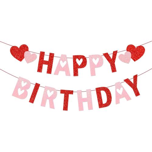 Valentines Birthday Banner Happy Birthday Banner Glitter Pink Birthday Decorations Banner for Galentines Day Decorations Happy Valentine’s Day Theme Birthday Party Supplies