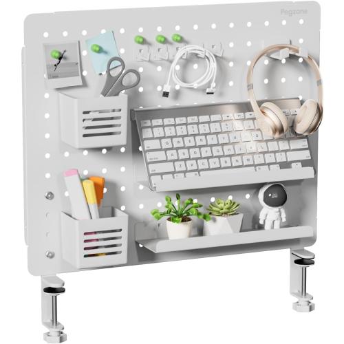 PEGZONE Clamp-on Desk Pegboard, Desk Organizer for Office Gaming Home, Magnetic Metal Peg Board with 15 Accessories, Privacy Panel for Office, 20.4 x 16.5, Large, White
