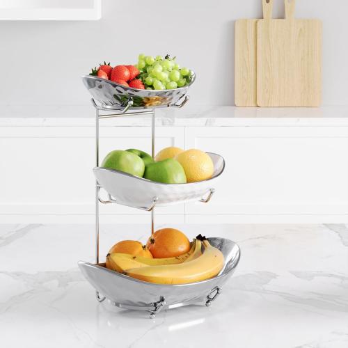 Fruit Bowl, 3 Tier Ceramic Fruit Basket, Serving Stand Serving Bowl with Metal Rack, Porcelain Kitchen Bowls for Fruit and Vegetable Storage Snack Nuts Dessert Cake Tray for Party Wedding