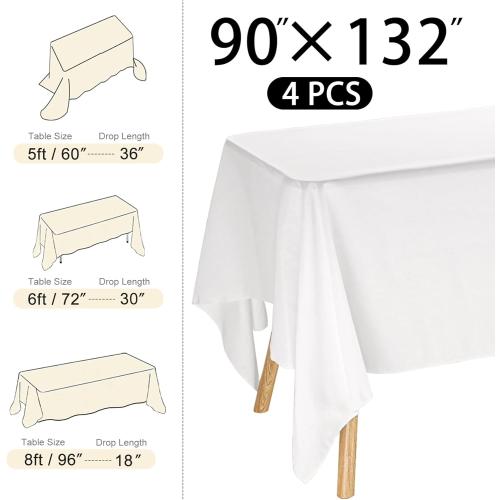 4 Pack Rectangle Tablecloth 90x132Inch White Washable Polyester Table Cover for Wedding Dining Table Buffet Parties Banquet Decoration（White）