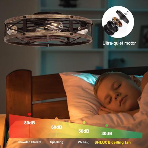 SHLUCE 22 Farmhouse Ceiling Fan with Light, Rustic Caged Bladeless Low Profile Ceiling Fans with Lights and Remote, Modern Flush Mount Ceiling Fans with Lights for Bedroom, Living Room - ETL