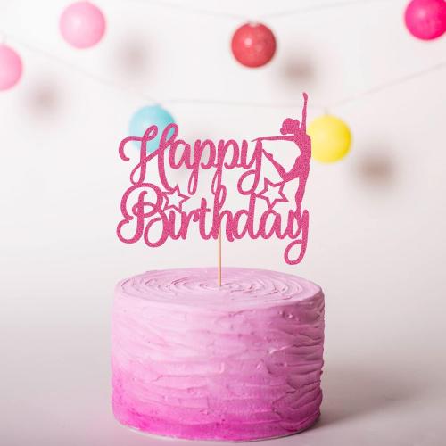 Gymnastics Happy Birthday Cake Topper Pink Rose Gold Glitter Gymnast Cake Decoration Gymnastics Sports Themed Baby Girl Birthday Party Supplies