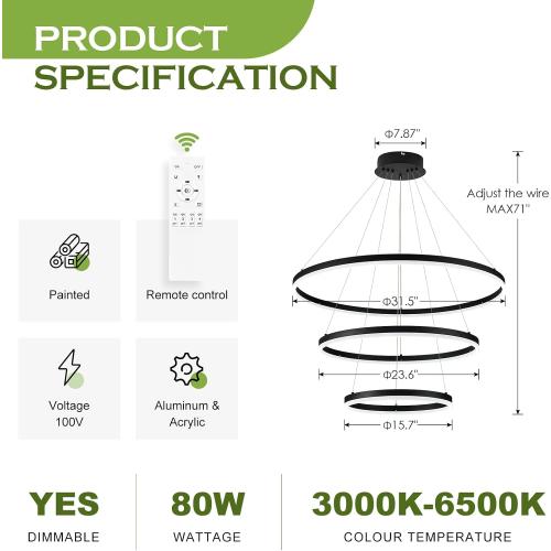 D31.5 3 Rings Modern LED Chandelier Black Dimmable LED Pendant Light with Remote Control Circular Flush Mount High Ceiling Light for Dining Room Living Room Bedroom Foyer(3000K-6500K, H71)