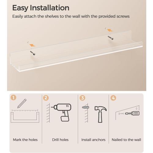 36 Inches Clear Acrylic Floating Shelves Wall, Bookshelf for Kids, Nursery Book Shelves, Magazine Rack, Picture Ledge Shelf for Photo Frames Vinyl Records, Pack of 8