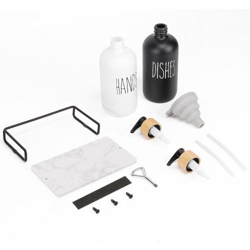 Color White and Black  Glass Soap Dispenser Set, Refillable Dish Soap Pump Dispenser, Kitchen Bathroom Counter Shampoo Conditioner Dispenser (with Marble Tray)
