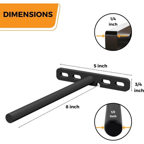 (Set of 4) 5 x 3/4 inch Floating Shelf Brackets Designed for 1 inch Thick Custom Shelves, Hidden Floating Shelf Hardware (8 inch Rod) Black
