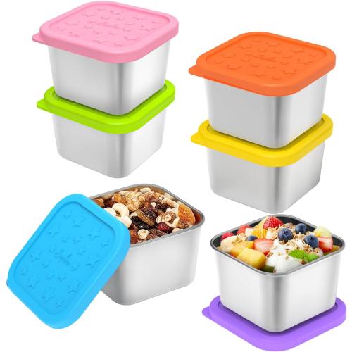SOPHICO Stainless Steel Snack Containers for Kids, 6 oz Leak Proof Small Food Storage Container with Silicone Lid, 304 Metal Toddler Lunch Box for Daycare, School and Travel (6 Pack)