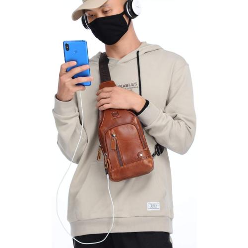 BULLCAPTAIN Genuine Leather Sling Bag with USB Charging Port Multi-pocket Chest Bag for Men Hiking Travel Daypack XB-129